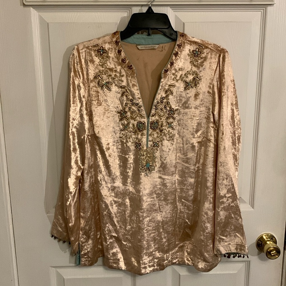 Soft Surroundings Women’s Velvet Fairy Core V-Neck Embroidered Pink Tunic SZ M